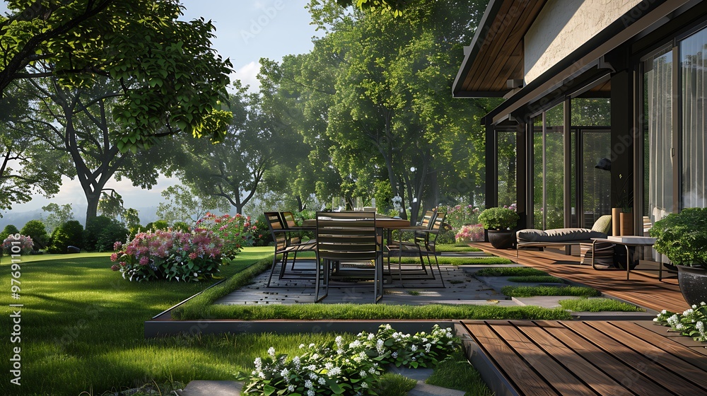 Obraz premium Patio seating for lawns and decks of farm houses fitted with a dining set and chairs