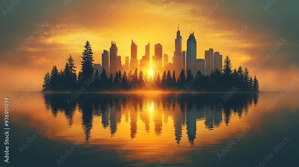 A city skyline rises from a misty forest at sunrise, reflecting in a calm lake. A city skyline rises from a misty forest at sunrise, reflecting in a calm lake.