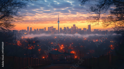 A city skyline shrouded in ...