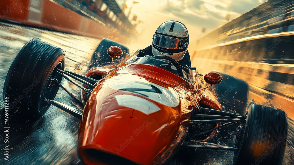 Fototapeta premium Intense Racer in Vintage Formula One Car Speeding Down Wet Track at Sunset