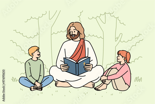 Jesus christ reads bible to little children sitting in park, talking about christian religion. Concept of christian education for pre-teen kids, and study of gospel and sacred commandments