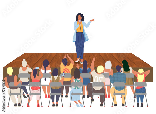 Young woman holding public speech talking in microphone and gesturing with hand on rural stage front of people audience vector illustration