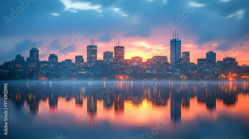 A city skyline with skyscra...