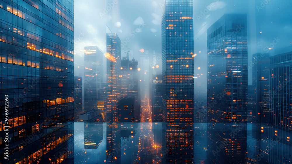 Double Exposure Modern Office Building Skyline at Dusk with Glowing Lights and Reflections Creating a Futuristic Urban Atmosphere Double Exposure Modern Office Building Skyline at Dusk with Glowing Lights and Reflections Creating a Futuristic Urban Atmosphere