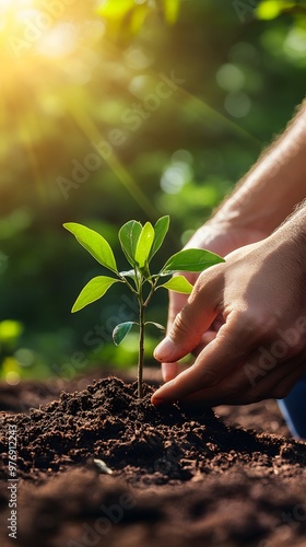 Wallpaper Mural Close-up of hands planting a young tree in soil, sunlight beams on the plant and hand, blurred background with a garden bed full of green plants and trees on a sunny day Torontodigital.ca