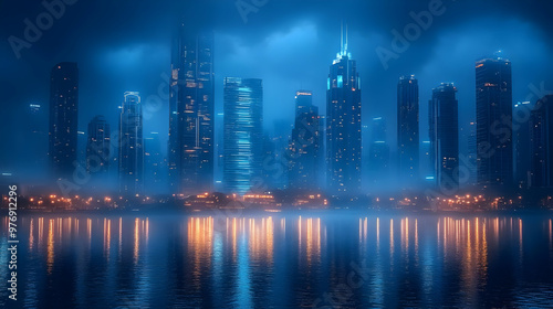 A city skyline with tall bu...