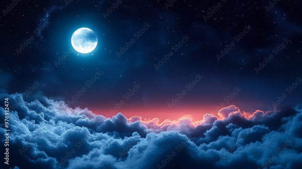 Majestic Bright Moon Above Cloudscape with Starry Sky - Tranquil Dreamy Night Scene Perfect for Night Sky Enthusiasts and Fantasy Themes