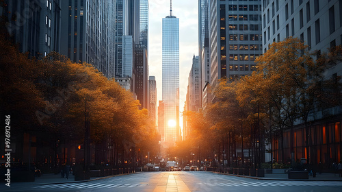 A city street lined with tr...