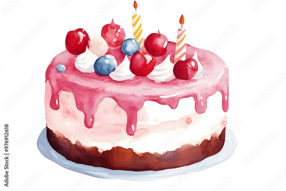 Cake with red berries and candles, birthday-themed watercolor illustration, isolated on white Cake with red berries and candles, birthday-themed watercolor illustration, isolated on white