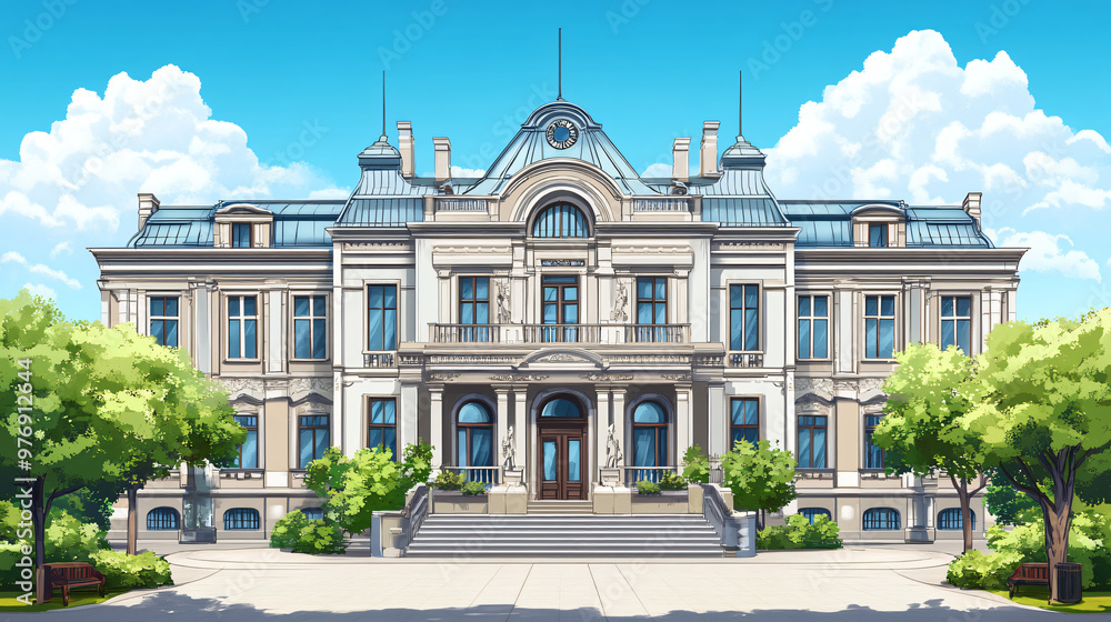 Fototapeta premium A historical city hall with grand facade and traditional elements.