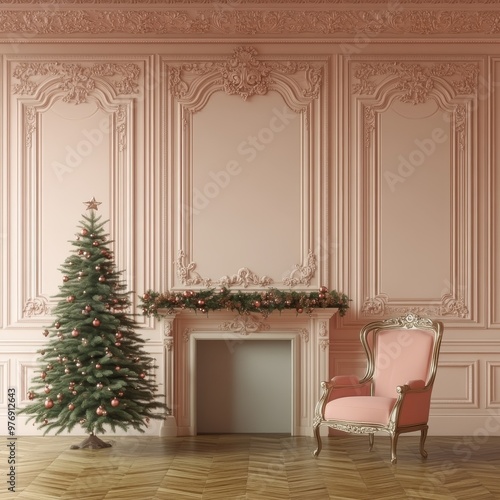 Classic Christmas Interior, Fireplace, Decorated Christmas Tree, Armchair, Pink Wall, 3D Rendering