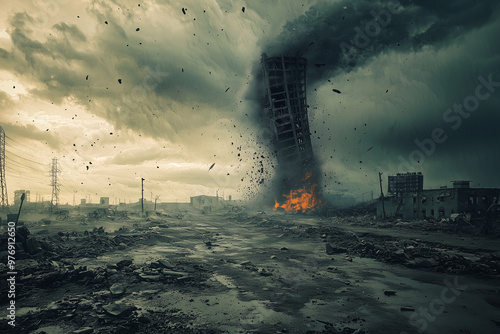 A powerful tornado demolishes a building, causing a scene of chaos.