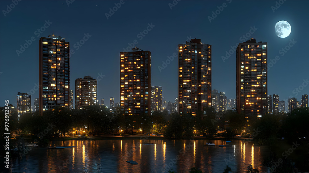 Obraz premium A cityscape at night with tall apartment buildings lit up and reflecting in a calm lake with a full moon in the sky.
