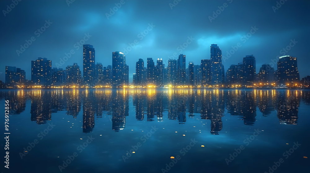 Fototapeta premium A cityscape at night, with skyscrapers reflecting in the water.