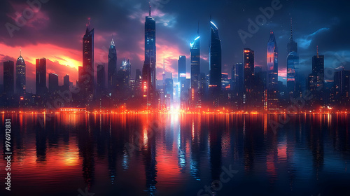 A cityscape at night with skyscrapers reflecting in the water.