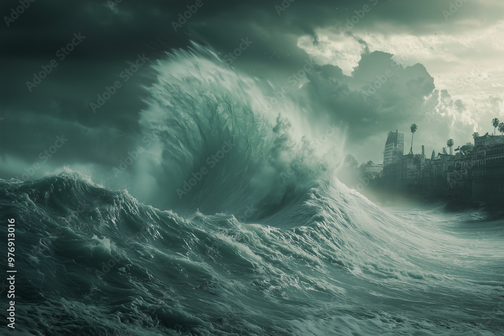 © connel_design - Dramatic stormy ocean waves crashing near a coastal city under dark clouds. © connel_design - Dramatic stormy ocean waves crashing near a coastal city under dark clouds.