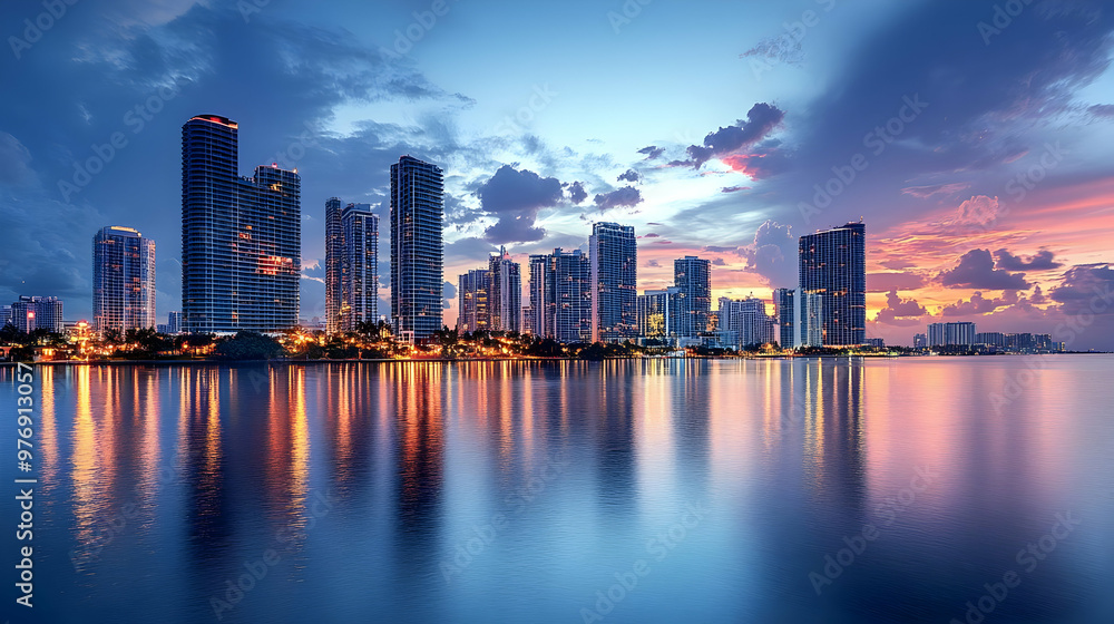 A cityscape of high-rise buildings along the waterfront at dusk with colorful clouds reflected in the water. A cityscape of high-rise buildings along the waterfront at dusk with colorful clouds reflected in the water.