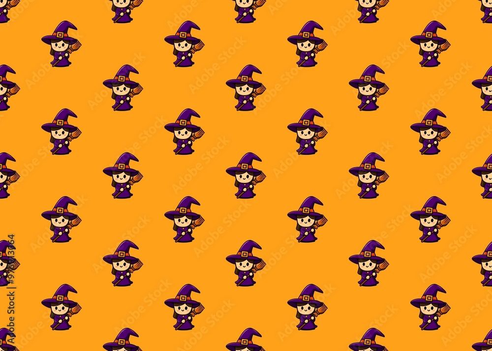 Seamless pattern with witch. Witch in a hat with a broom. Halloween pattern. Witch in purple on a orange background. Seamless pattern with witch. Witch in a hat with a broom. Halloween pattern. Witch in purple on a orange background.