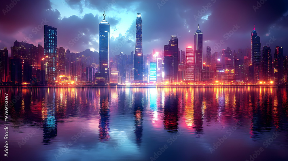 A cityscape of Hong Kong at night, with skyscrapers illuminated by colorful lights reflected in the water. A cityscape of Hong Kong at night, with skyscrapers illuminated by colorful lights reflected in the water.
