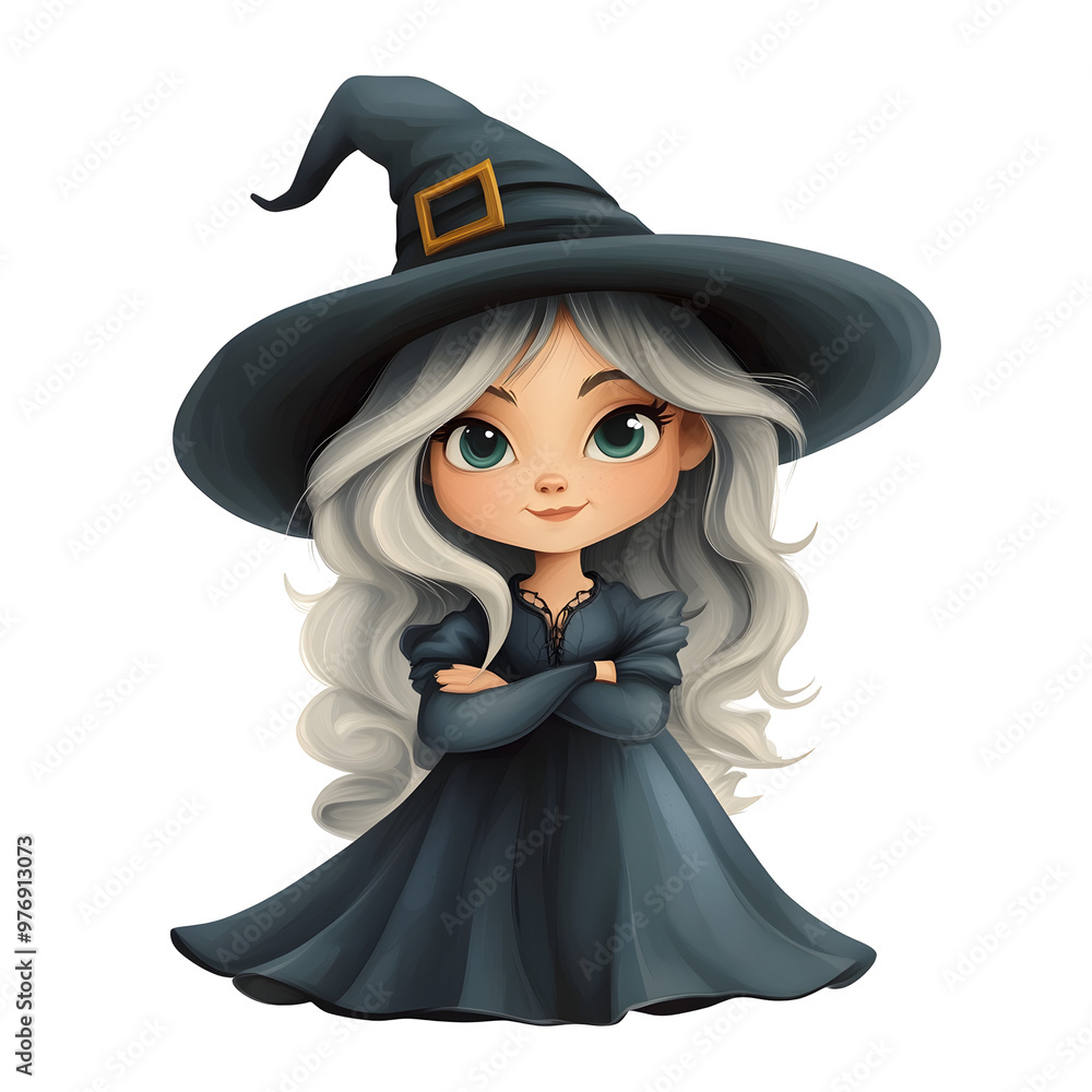 Enchanting Halloween Witch in Cartoon Style with Hat and Dress on White Background Enchanting Halloween Witch in Cartoon Style with Hat and Dress on White Background