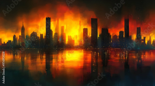 A cityscape is engulfed in flames, casting an orange glow over the water.