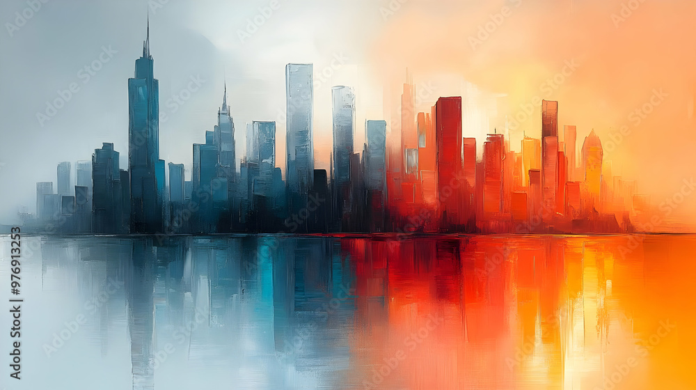 A cityscape painted in cool and warm colors, reflecting in water with a hazy sky. A cityscape painted in cool and warm colors, reflecting in water with a hazy sky.