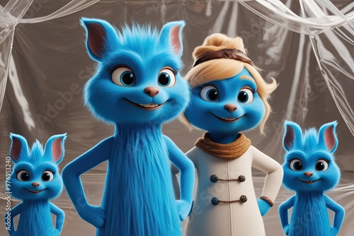 Playful Blue Furry Creatures in 3D Character Animation with Transparent Background