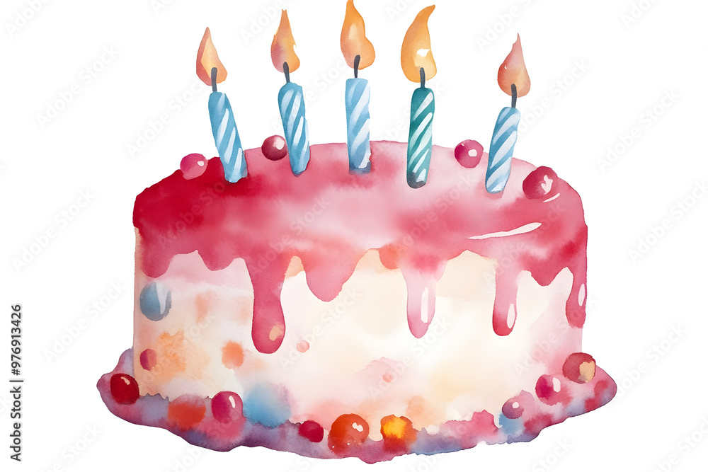 A festive birthday cake with red berries and lit candles, watercolor illustration on a white background A festive birthday cake with red berries and lit candles, watercolor illustration on a white background