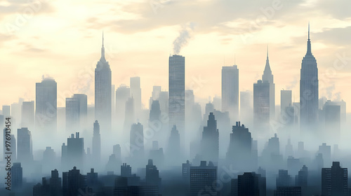 A cityscape shrouded in fog at sunrise, with tall buildings silhouetted against the hazy sky.