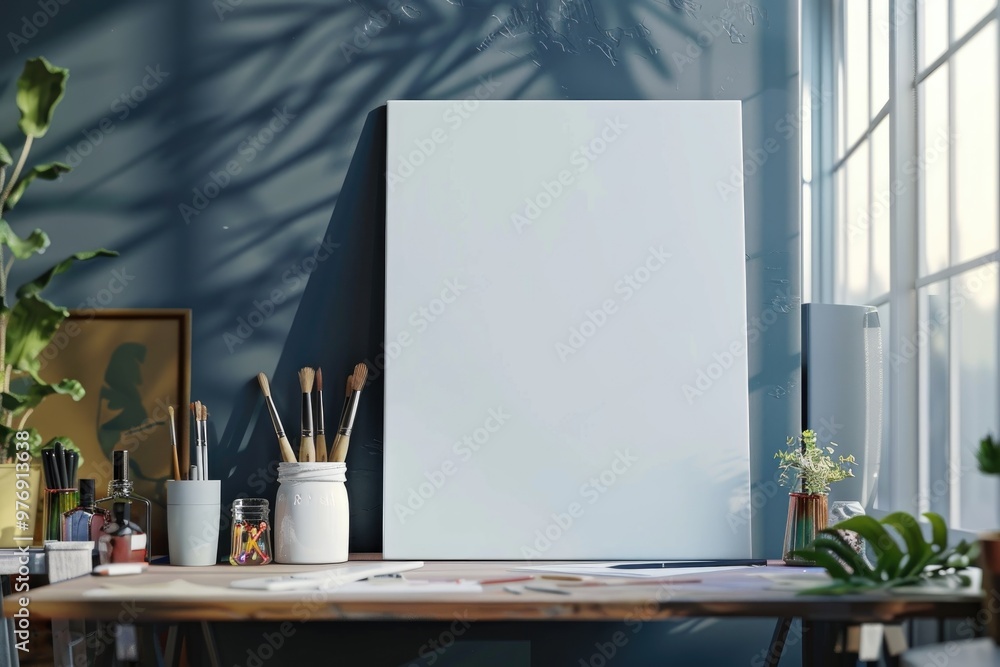 Minimalist Interior with Blank Vertical Frame and Houseplant in Sunlight Minimalist Interior with Blank Vertical Frame and Houseplant in Sunlight