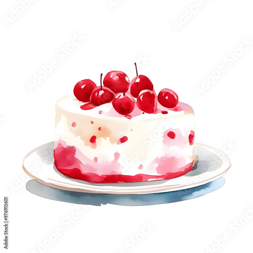 A delicate watercolor painting of a cherry cake, isolated on white