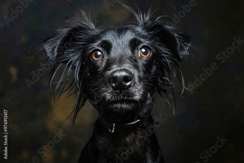 A black dog with wet hair looking at the camera photo