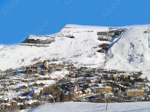 Les2Alpes ski resort town and slopes aerial view, France photo