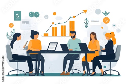 vector illustration of business people at the conference room, discussing about the business strategy. growing arrow with bar charts. business meetings, leadership and management, decision-making