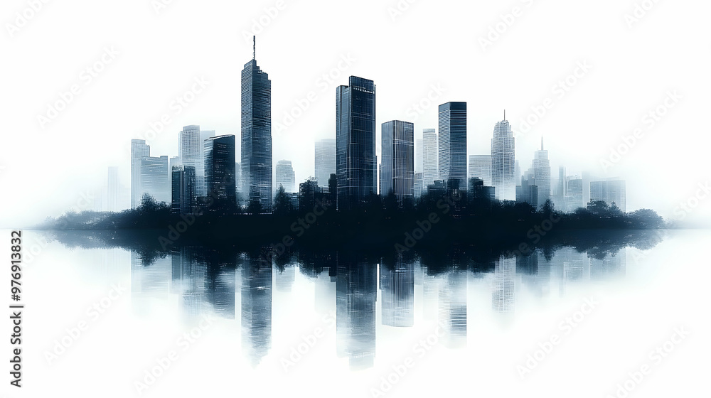 A cityscape silhouette with a reflection in water, creating a hazy, dreamlike effect. A cityscape silhouette with a reflection in water, creating a hazy, dreamlike effect.