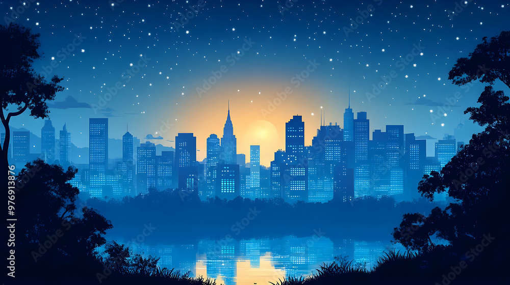 Fototapeta premium A cityscape silhouette with a sunrise over a calm lake, with a starry sky and trees on either side.