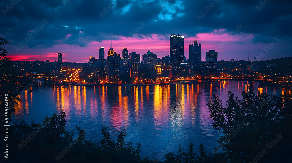 A cityscape skyline with illuminated buildings reflected in a river at sunset. A cityscape skyline with illuminated buildings reflected in a river at sunset.
