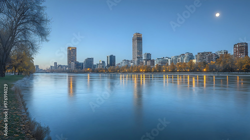 A cityscape skyline at dusk...