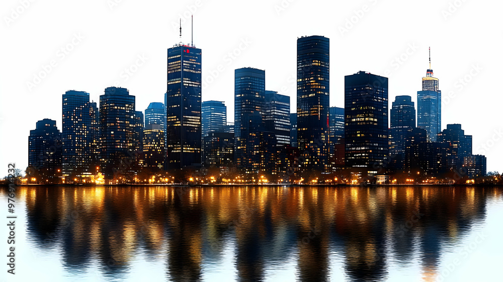 A cityscape skyline with tall buildings at night with reflections in the water. A cityscape skyline with tall buildings at night with reflections in the water.