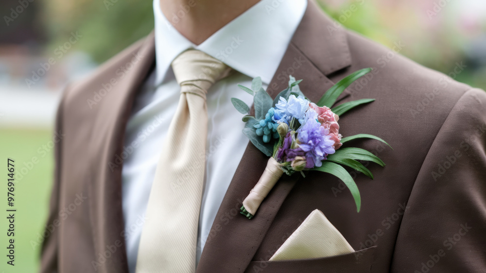 A close-up photo of a man wearing a brown suit, a white shirt, and a beige tie. The most prominent feature is a boutonniere pinned to the lapel of the suit. The boutonniere consists of a mix of purple A close-up photo of a man wearing a brown suit, a white shirt, and a beige tie. The most prominent feature is a boutonniere pinned to the lapel of the suit. The boutonniere consists of a mix of purple