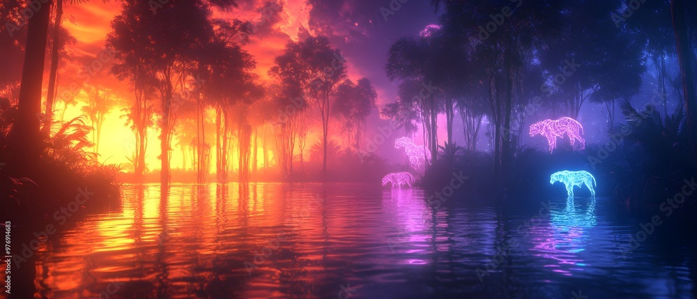 Obraz premium A futuristic holographic image of a nature reserve, with glowing outlines of wildlife moving through a digital forest, neon colors, high-tech, and surreal atmosphere.