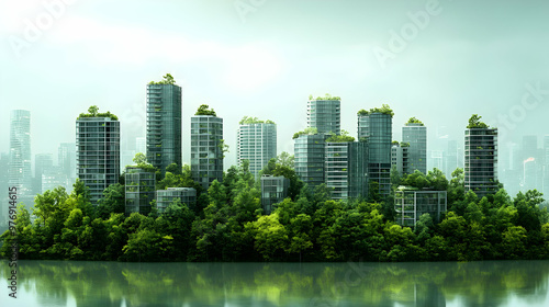 A cityscape with lush greenery growing on rooftops, surrounded by trees and water, showcasing a sustainable and environmentally conscious urban landscape.