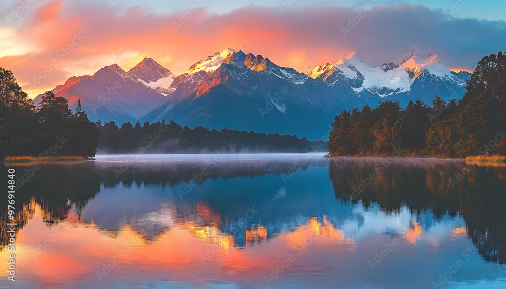 Nature Bliss: A serene mountain landscape with a lake reflecting the snowy peaks at sunrise Nature Bliss: A serene mountain landscape with a lake reflecting the snowy peaks at sunrise