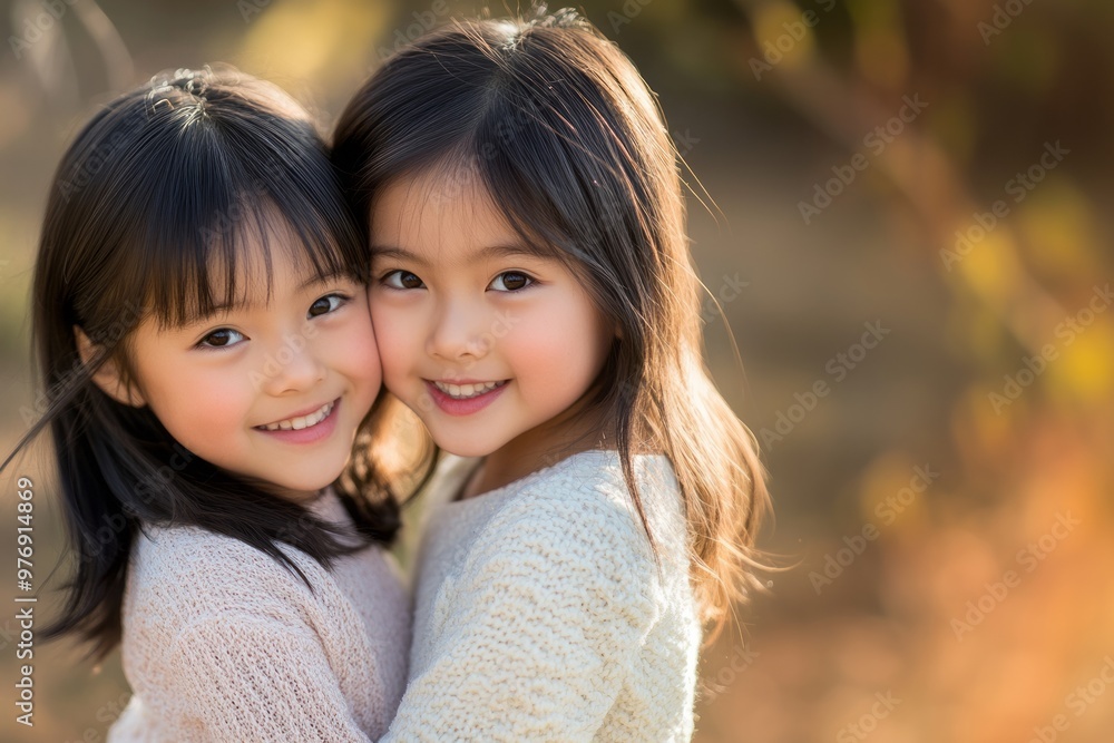 Portrait of two cute young Asian girls who are sisters outdoor. Portrait of two cute young Asian girls who are sisters outdoor.