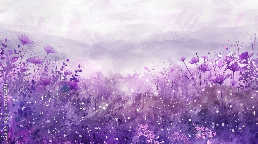 Purple wildflowers in a soft watercolor landscape with a misty background and delicate details Purple wildflowers in a soft watercolor landscape with a misty background and delicate details