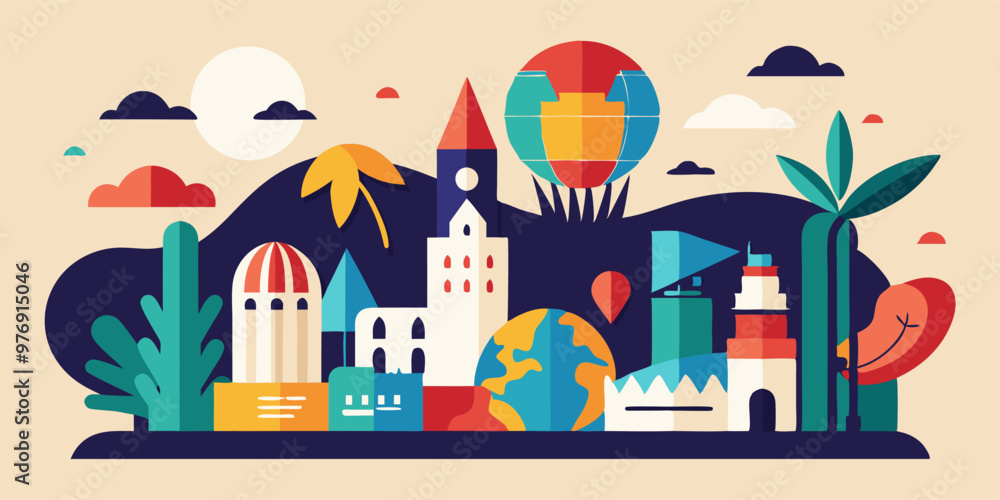 Obraz premium Abstract minimalist design celebrating world tourism day with iconic landmarks
