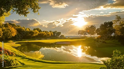 Amidst a tranquil lakeside fairway, a golfer's elegant swing captures the essence of concentration and grace on the lush green course. photo