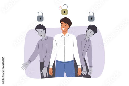 Free man stands among slaves who have become victims of mind control and sociocultural patterns. Free guy feels superior to colleagues, thanks to non-conformity and readiness to fight for rights