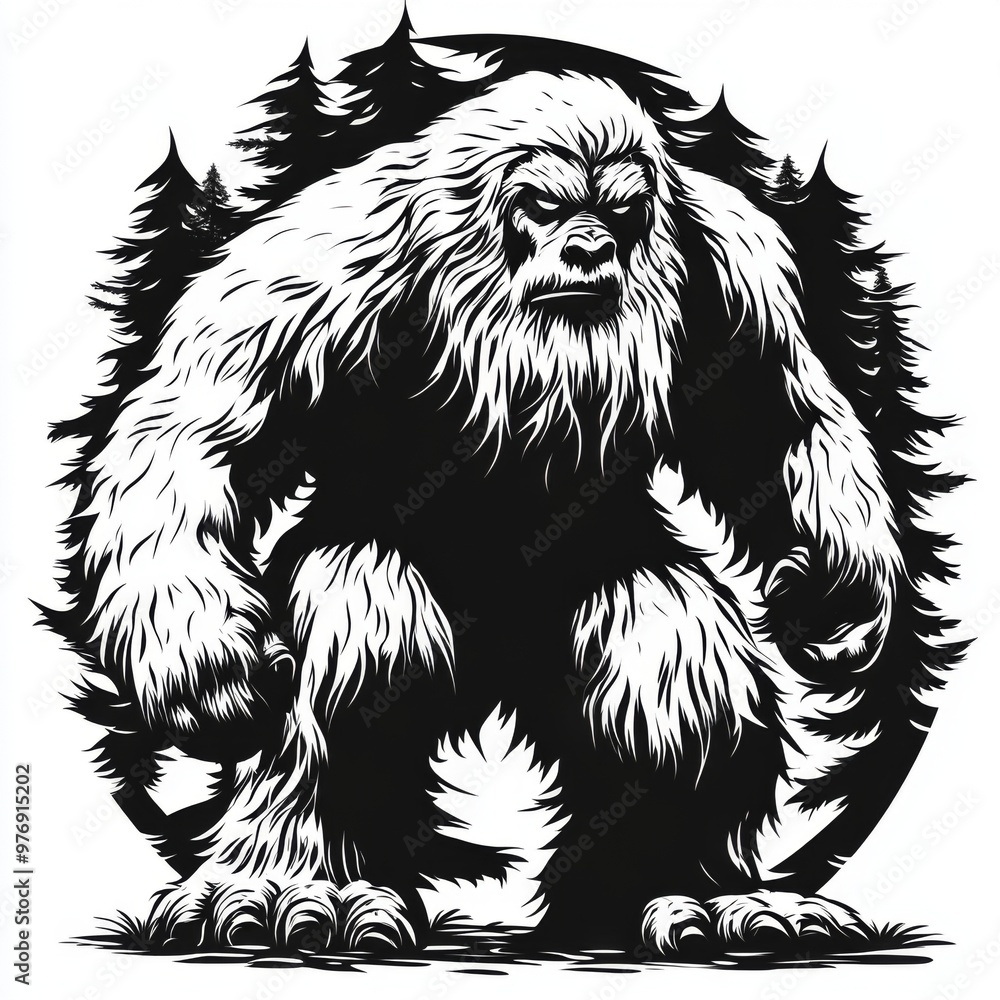 Obraz premium A black and white illustration of a large, hairy, ape-like creature known as Bigfoot, standing with its fists clenched and its teeth bared, in front of a forest backdrop.