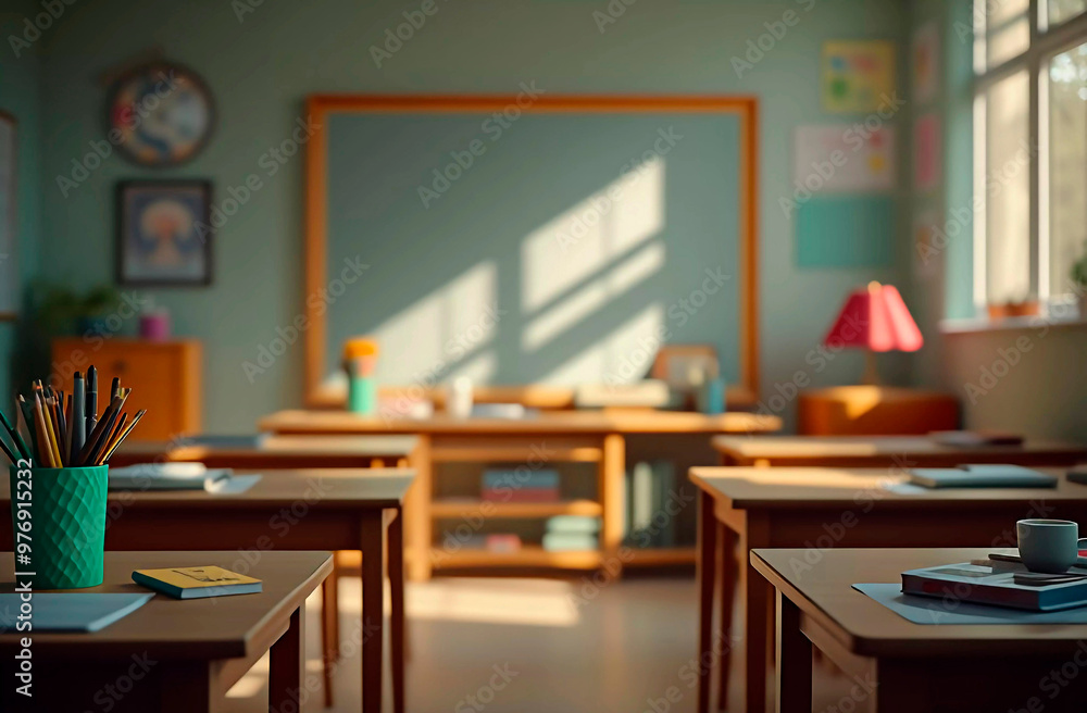 A bright, empty classroom with neatly arranged desks and chairs. On the wooden desk, school supplies like notebooks, pencils, and rulers are scattered. The chalkboard is clean, space for text. A bright, empty classroom with neatly arranged desks and chairs. On the wooden desk, school supplies like notebooks, pencils, and rulers are scattered. The chalkboard is clean, space for text.